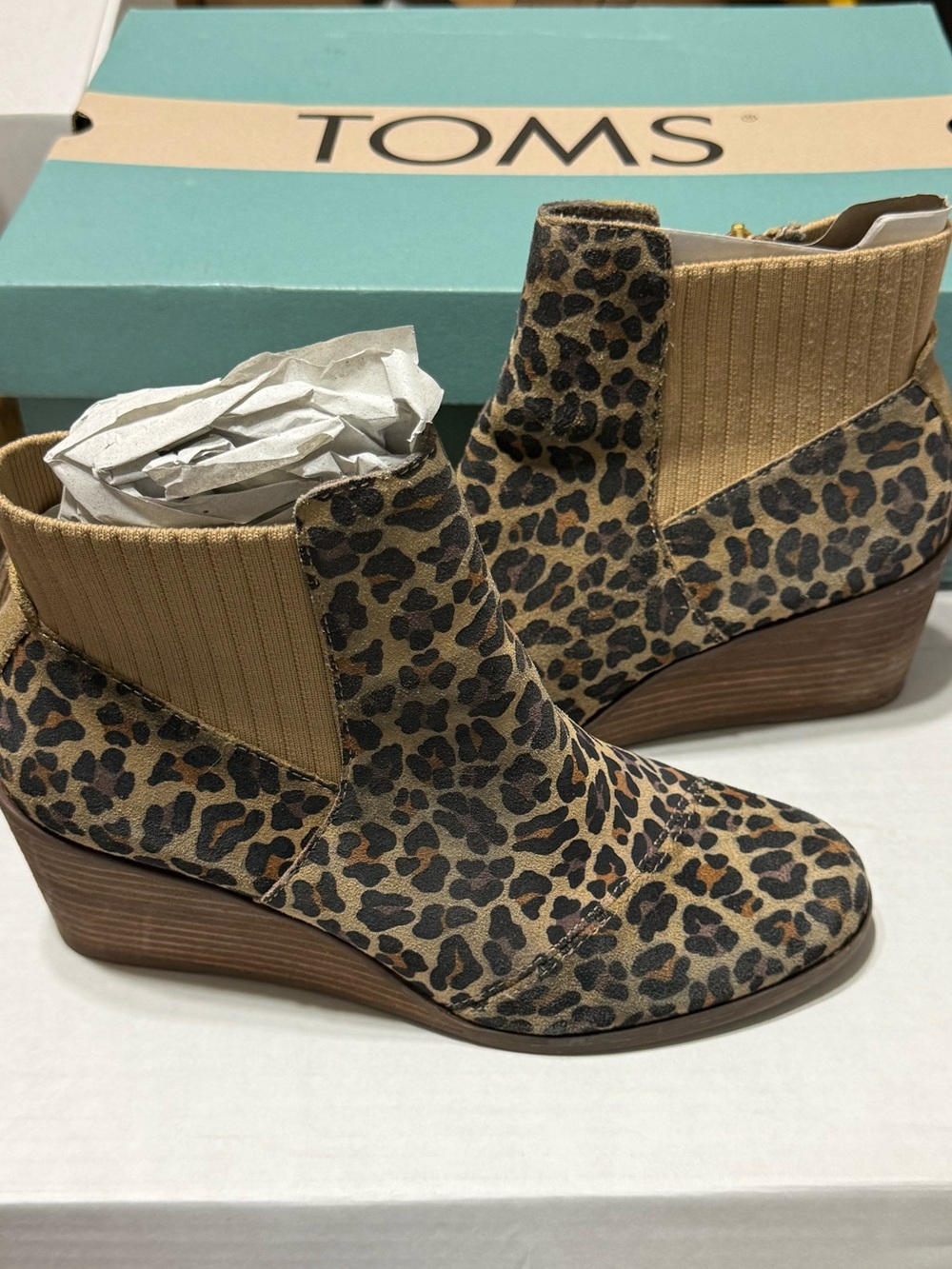 TOMS Leopard-Print Chelsea Wedge Booties in Tan and Black